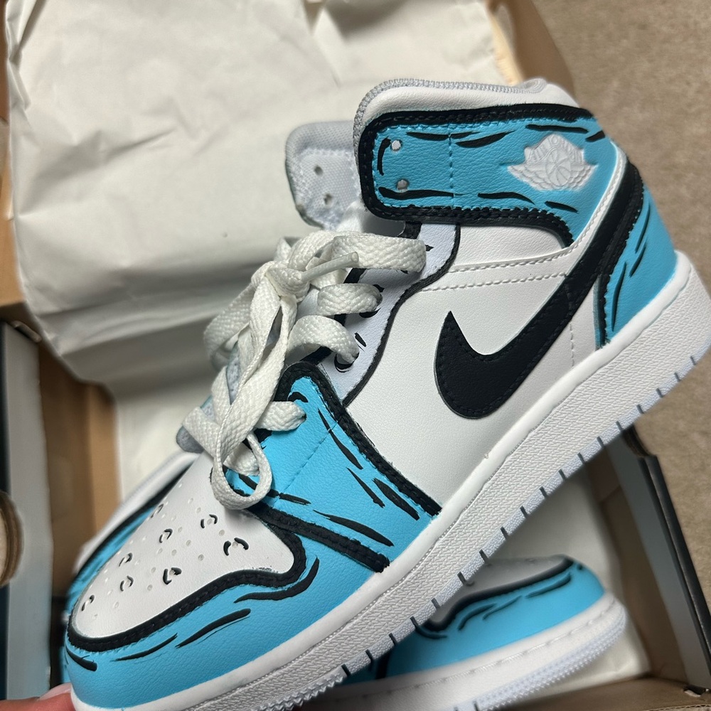 Custom Cartoon painted Kids Blue and White air Jordan Sneakers size 4.5 Y - Picture 8 of 15